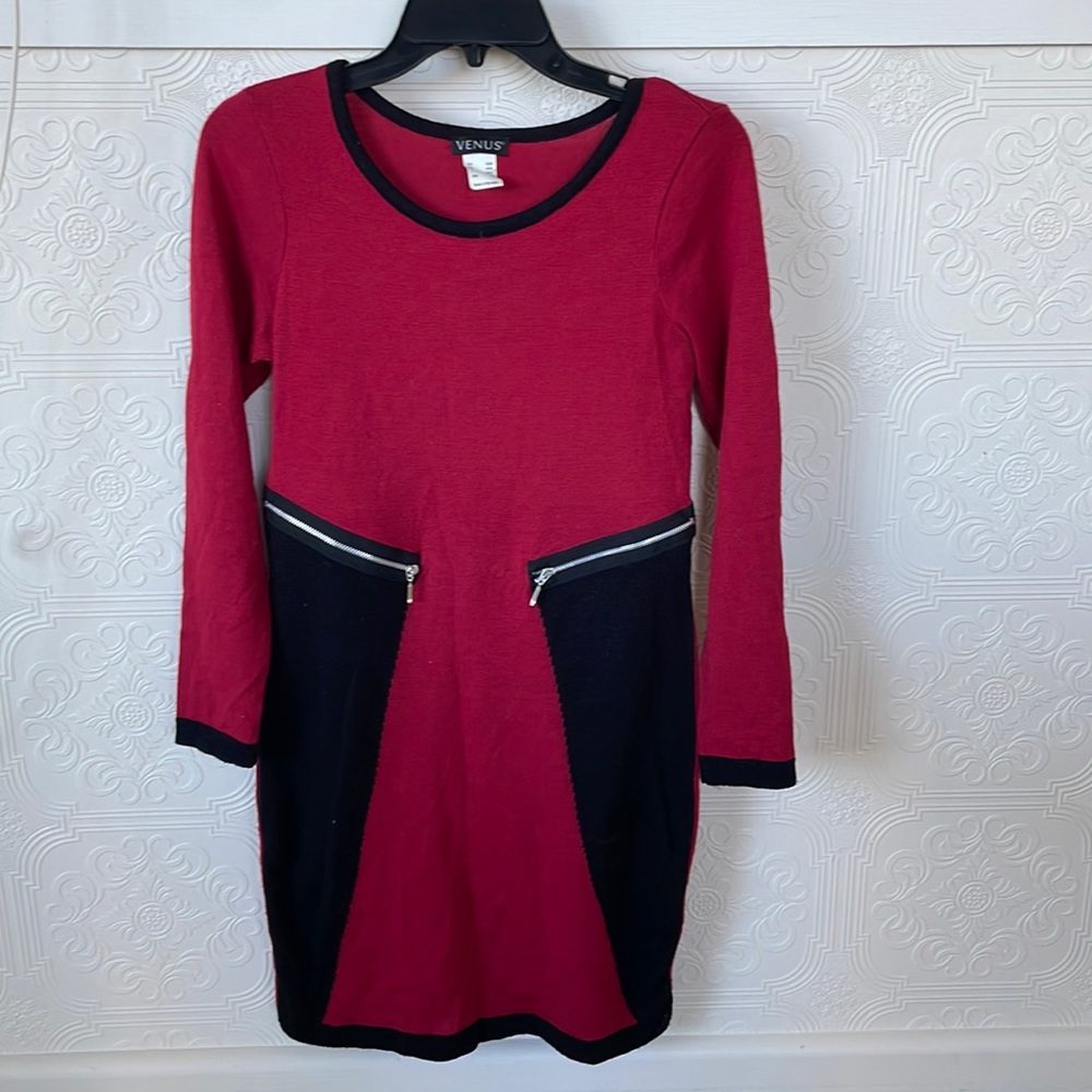 Gently worn red and black tunic with sophisticated details